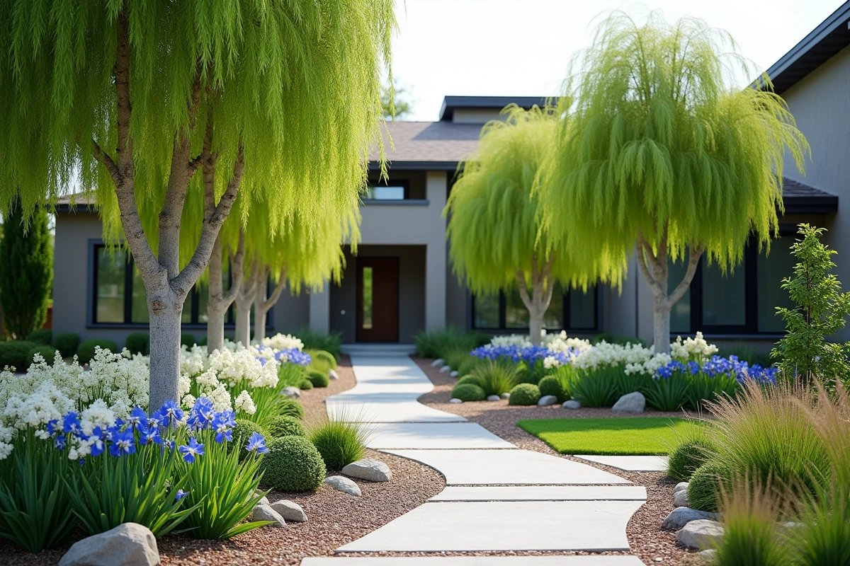 Vue d’ensemble d’un jardin avec Salix Hakuro Nishiki et fleurs