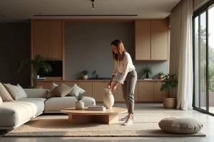 Jeune femme stylée arrangeant une table dans un salon moderne